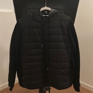 Velvet brand black hooded puffer jacket with “sweatshirt” material arms size XL